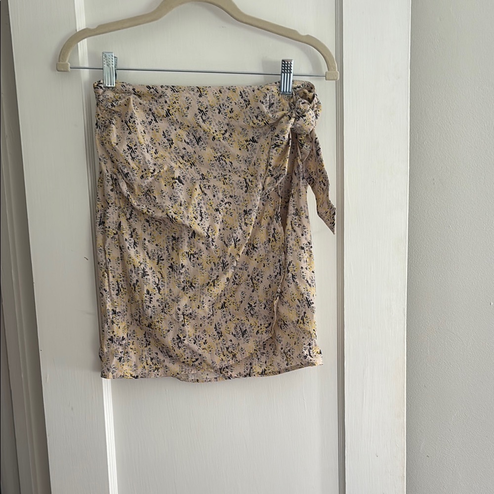 Cream and Brown Mini Wrap Skirt with Tie Front